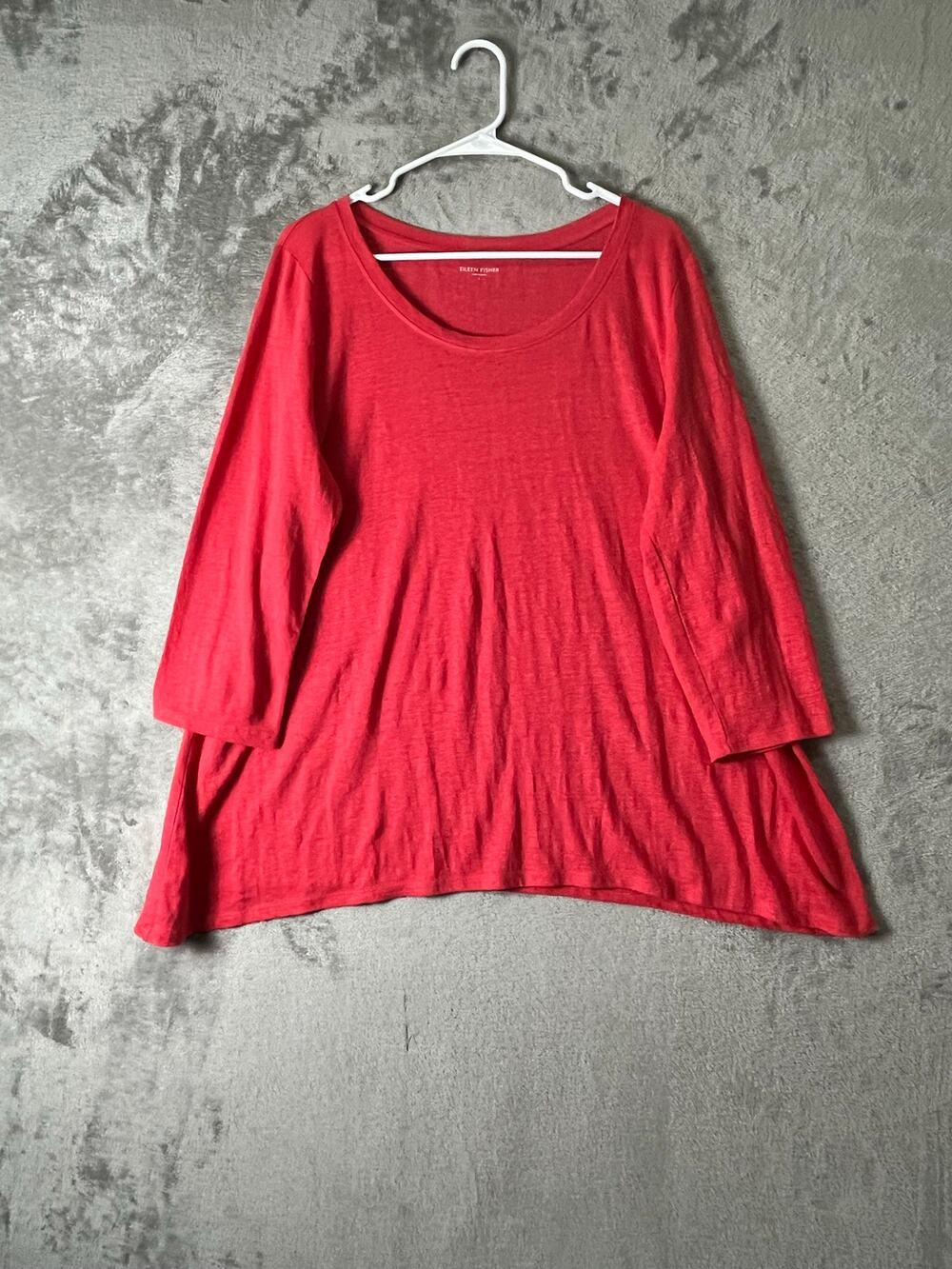 Eileen Fisher Red Organic Linen Blend Scoop Neck 3/4 Sleeve Tunic Top Size Large